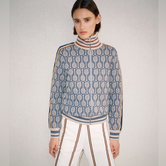 Tory Burch Tech Knit Jacquard Tennis Racquet Full-Zip Jacket Preppy Blue Medium - Picture 4 of 13
